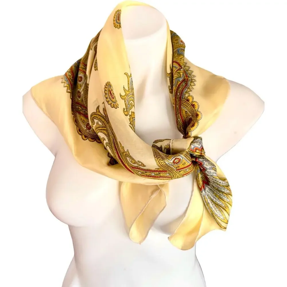 Vintage 1970s Silk Paisley Scarf Ivory Gold Hand Rolled Edges 33” Square British
